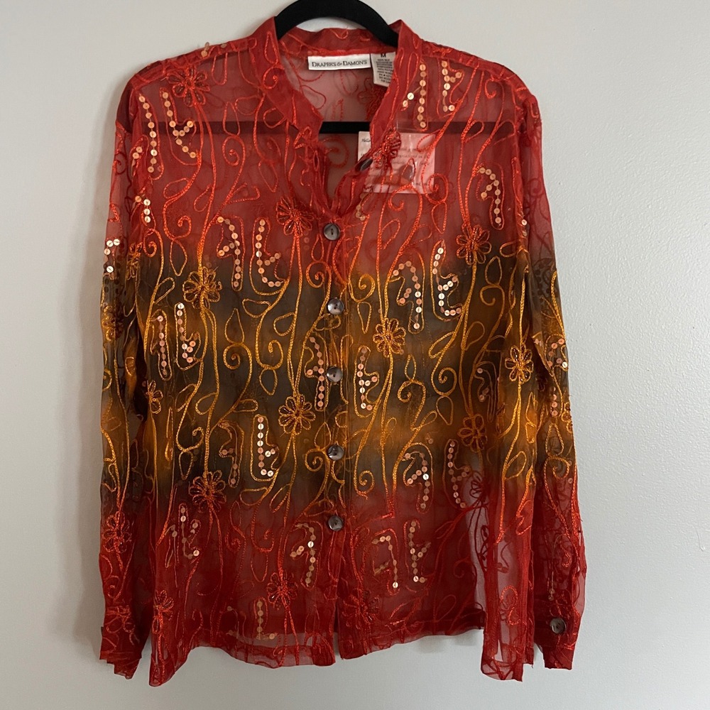 Draper's & Damon's Silk Blouse Womens M Red Ombre Embroidered Sequin Boho Sheer - Picture 2 of 12